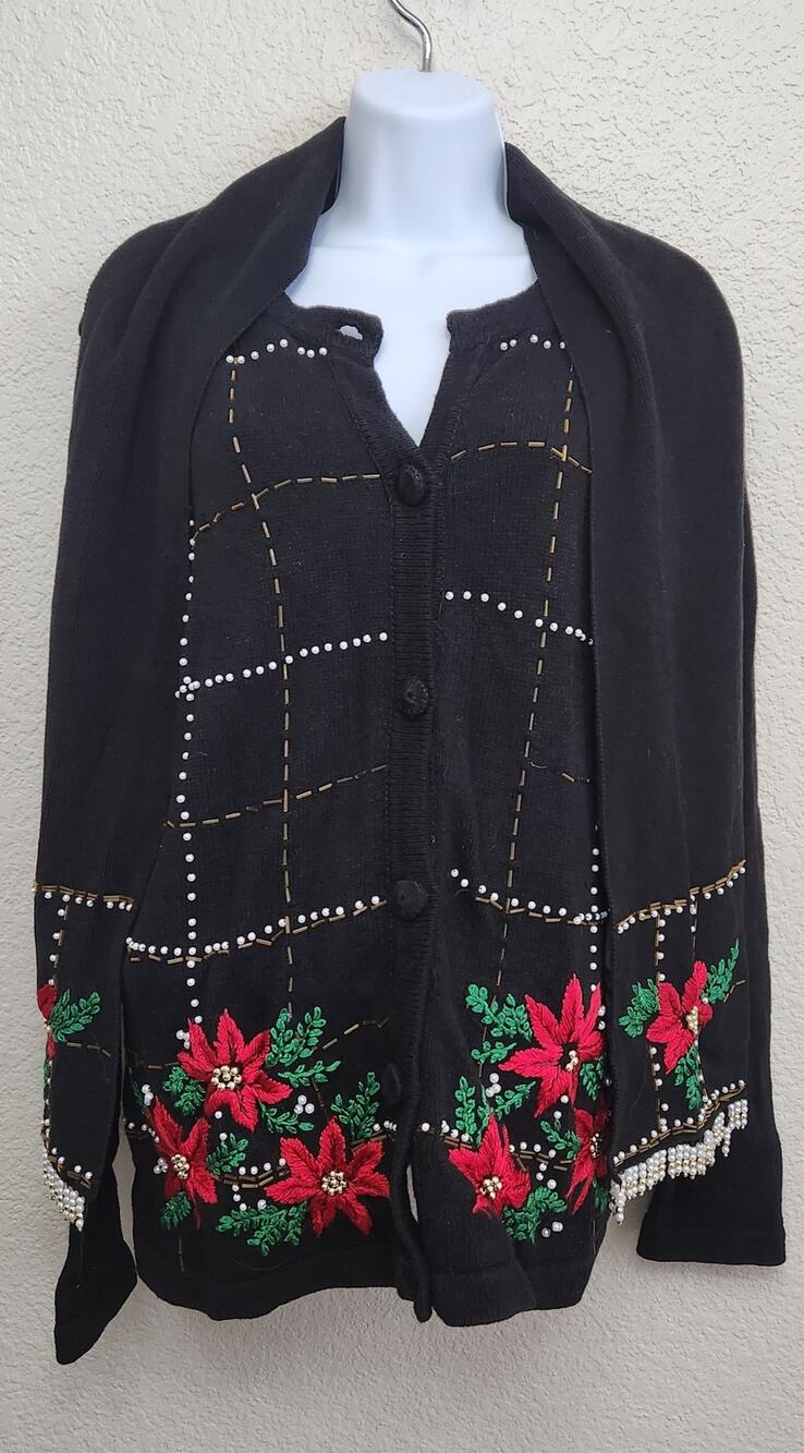 VTG Lemon Grass Black Red Christmas Poinsettia Embroidered Cardigan Sweater M